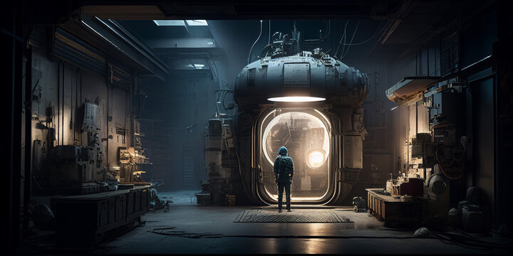 inventor stands in front of his time machine, which he put together in his shabby workshop, ready for the first test, science fiction digital painting style made with generative AI