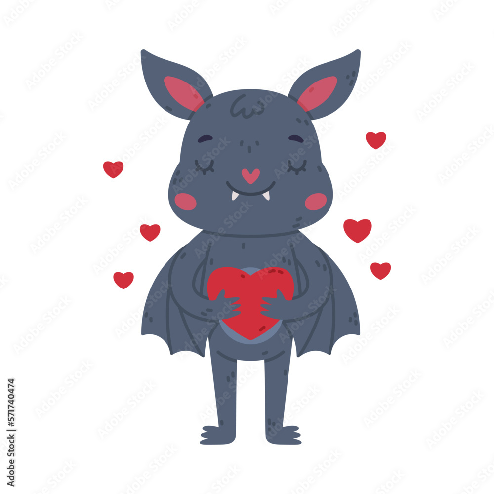 Canvas Prints Cute happy bat standing with red heart. Halloween symbol. Funny mascot character cartoon vector illustration