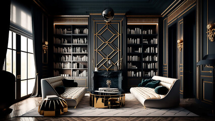 Interior design Classic and elegant styles Art Deco Library | Glamour, elegance, geometric elements, abstract prints, golden details. Black, white and gold | Illustration Generated AI