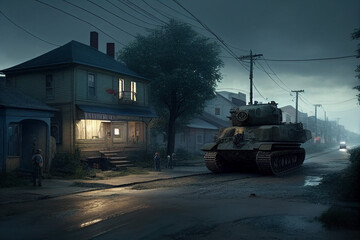 Obraz premium fictional tanks in the suburban street on a gloomy november evening, science fiction digital painting style made with generative AI