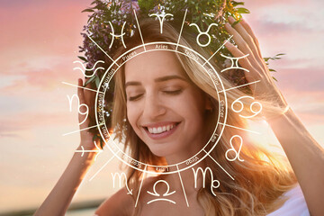 Beautiful young woman with wreath outdoors and zodiac wheel illustration - obrazy, fototapety, plakaty