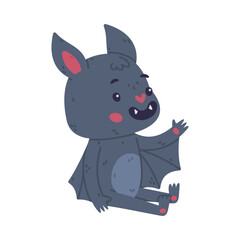 Cute happy friendly baby bat sitting on floor. Halloween symbol. Funny mascot character cartoon vector illustration