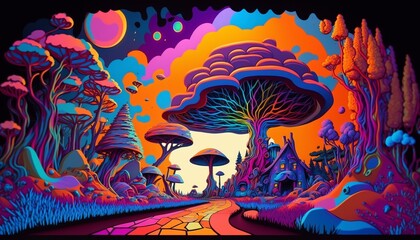 Psychedelic Trip With Colorful Mushrooms