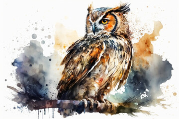 an owl looking to the right for t-shirts illustration in a watercolor style, Generative AI