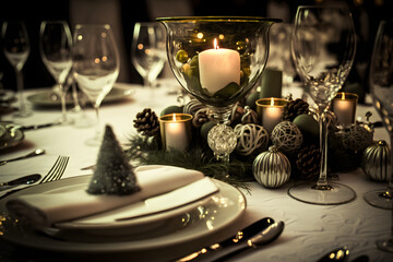 Beautiful table setting with crockery and flowers for a party, wedding reception or other festive event. Glassware and cutlery for catered event dinner.