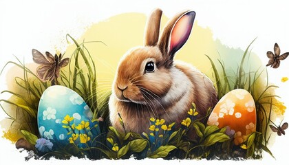 easter bunny with easter eggs, watercolor paint style, Generative AI