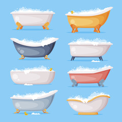 Cast Iron Bathtub on Foot Full of Water with Soap Bubbles Foam Isolated on Blue Background Vector Set