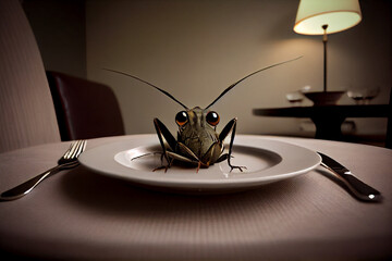 Grasshopper fried insect on the plate with old wooden table background. Insect food is the healthy meal high protein diet concept.
