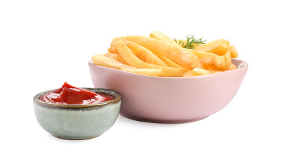 Bowl of delicious french fries with ketchup on white background