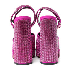 Fashionable punk square toe ankle strap pumps isolated on white. Shiny party platform high heeled shoes