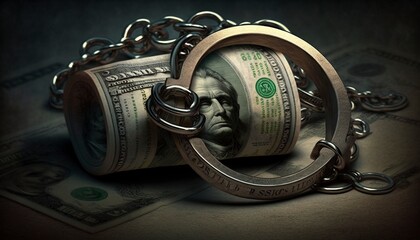 Handcuffs next to money, handcuffs with dollar bills