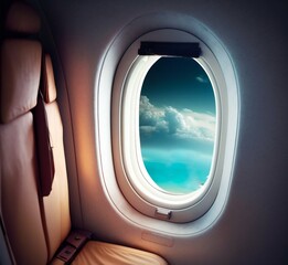 Airplane Window Porthole and Passenger Chair in Business Class. Generative AI