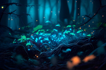 Generative AI, alien mushrooms in a gloomy forest, mushrooms with luminescent lighting, a cinematic drawing.
