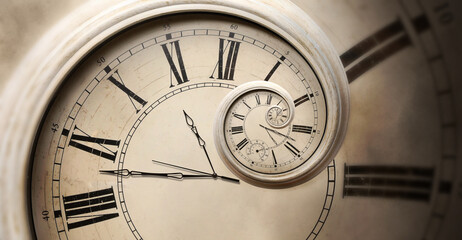 Infinity and other time related concepts. Twisted hour numbers and clock hands. Spiral fractal...
