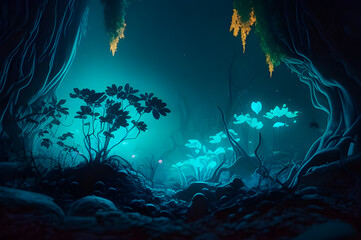 Fototapeta na wymiar Generative AI, alien mushrooms in a gloomy forest, mushrooms with luminescent lighting, a cinematic drawing.