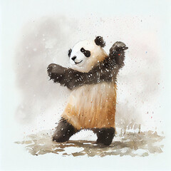Panda Bear Playing with Snowflakes in Winter. Generative ai