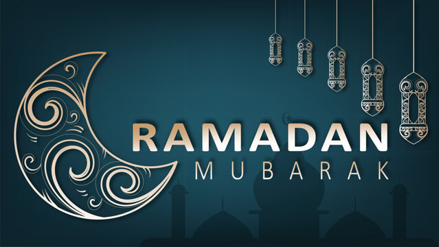 3D modern ramadan mubarak wallpaper design with mosque, lantern and moon