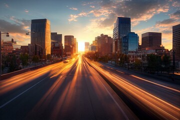 Plakat Boise Idaho skyline morning sunrise with light street traffic. Generative AI