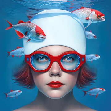 Junge Frau mit Badekappe schwimmt mit Fischen - Generative AI