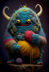 Adorable Colorful Knitted Monster. Generative ai