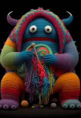 Adorable Colorful Knitted Monster. Generative ai