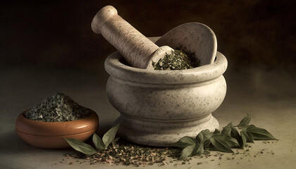 mortar and pestle with dried herbs generative ai - obrazy, fototapety, plakaty