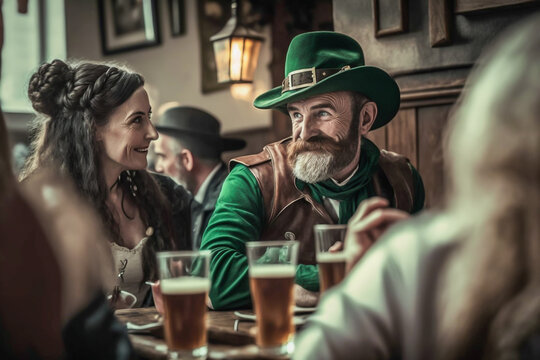 Irish pub St Patricks day people cheerful and smiling. generative ai