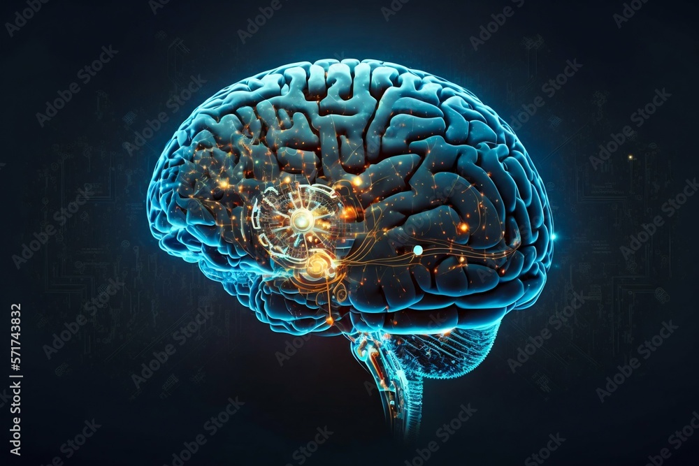 Poster human brain processing glow with technology connection data symbols. generative ai