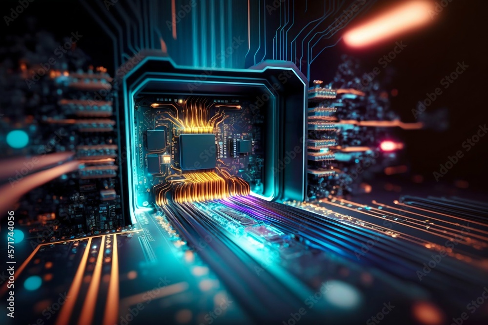 Poster cyber space connection technology computer background with chipset central processor. generative ai