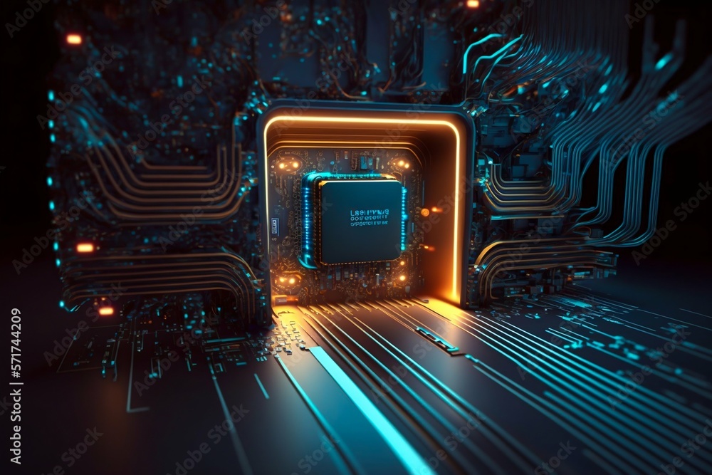 Poster cyber space connection technology computer background with chipset central processor. generative ai
