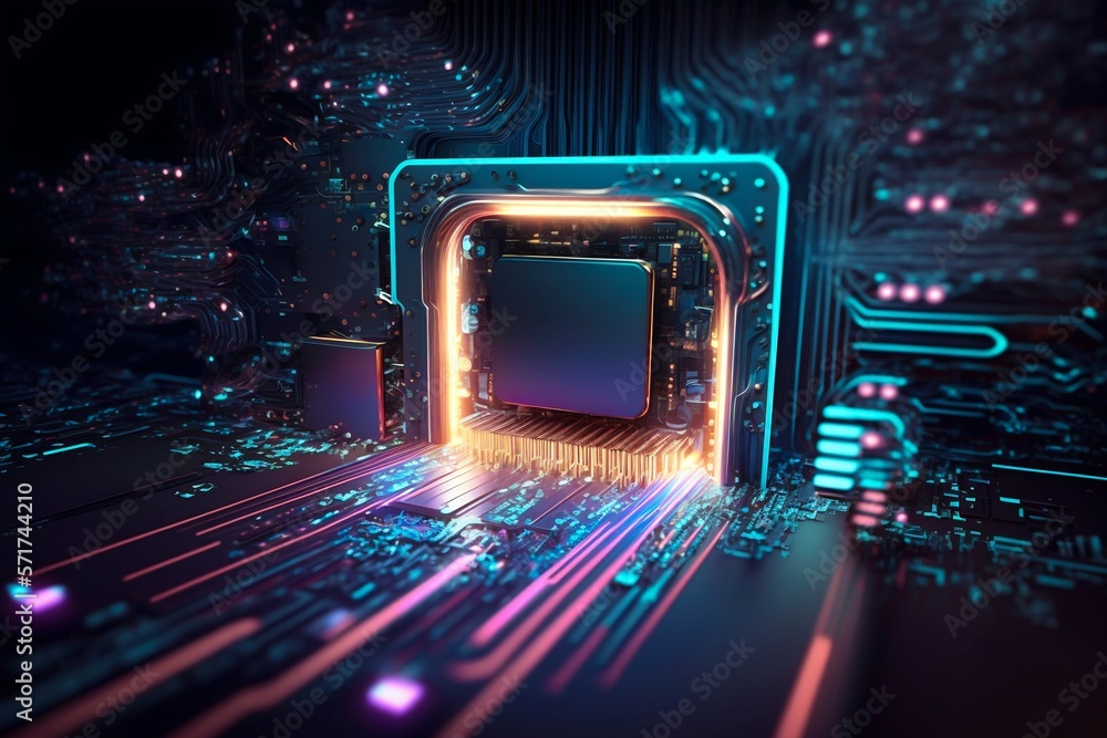 Poster cyber space connection technology computer background with chipset central processor. generative ai