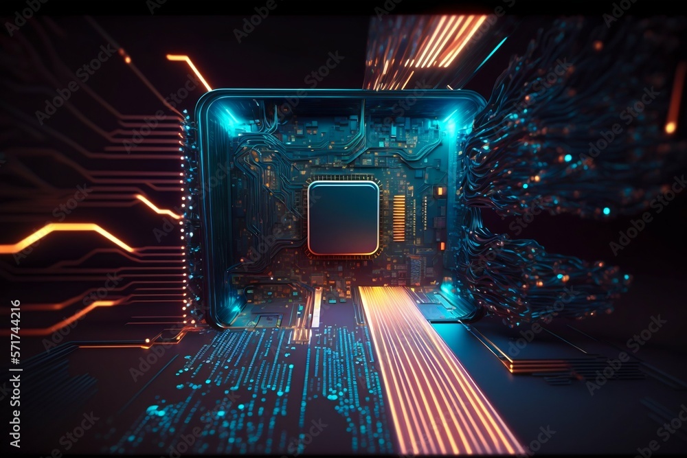Poster cyber space connection technology computer background with chipset central processor. generative ai