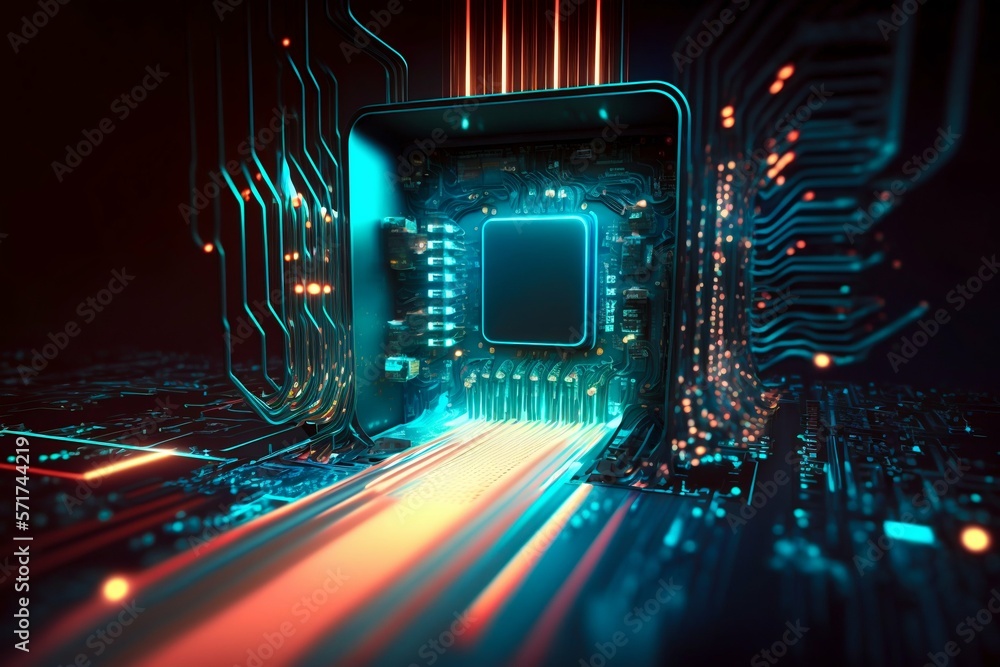 Poster cyber space connection technology computer background with chipset central processor. generative ai