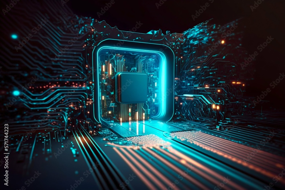 Poster cyber space connection technology computer background with chipset central processor. generative ai