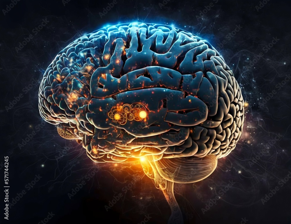 Poster human brain processing glow with technology connection data symbols. generative ai