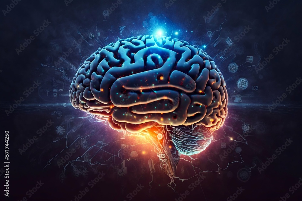 Poster human brain processing glow with technology connection data symbols. generative ai