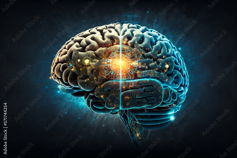 Poster human brain processing glow with technology connection data symbols. generative ai