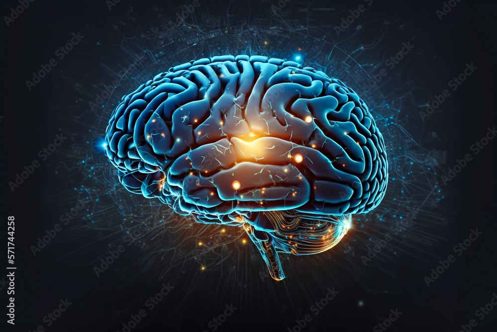 Poster human brain processing glow with technology connection data symbols. generative ai