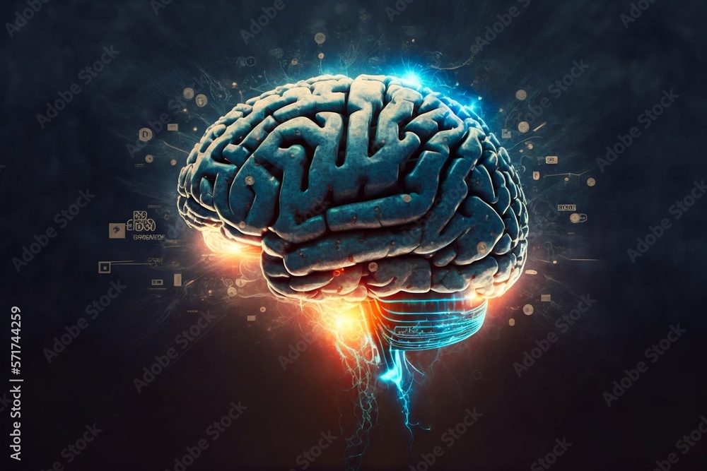 Poster human brain processing glow with technology connection data symbols. generative ai