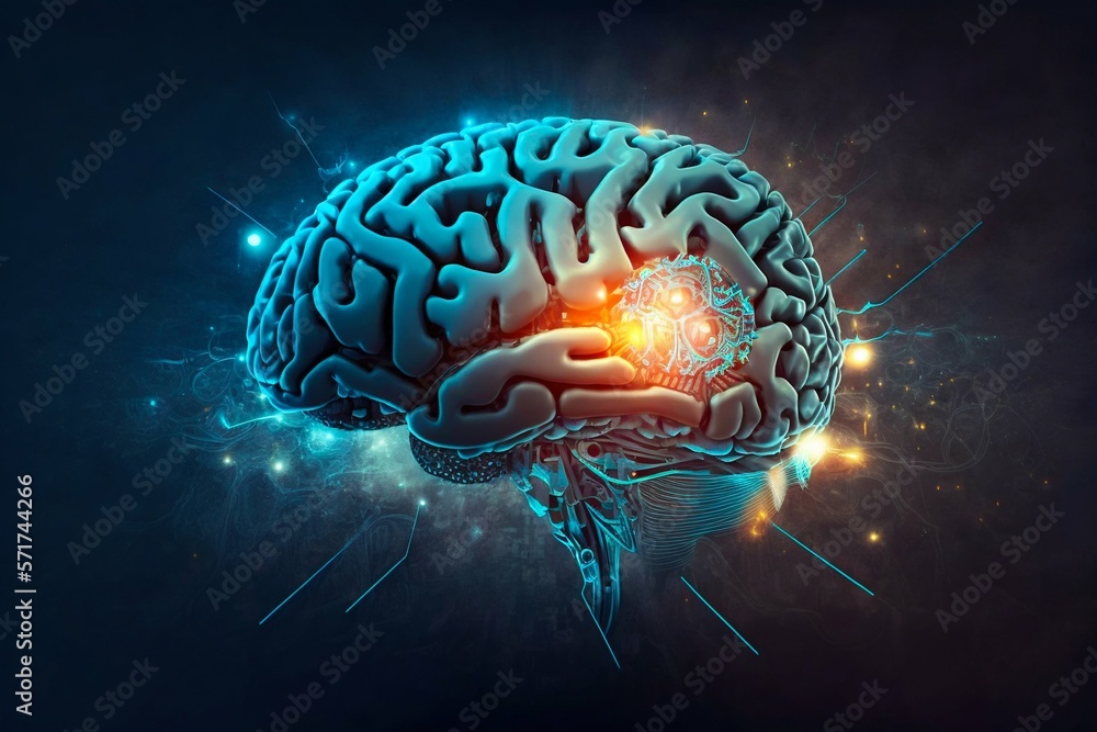 Poster human brain processing glow with technology connection data symbols. generative ai