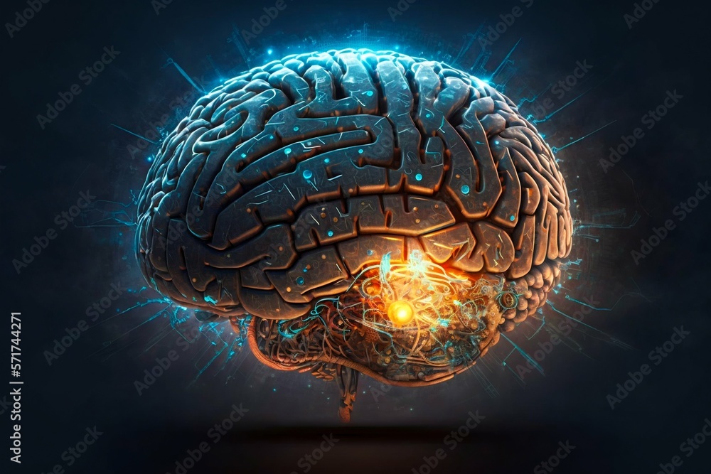 Poster human brain processing glow with technology connection data symbols. generative ai