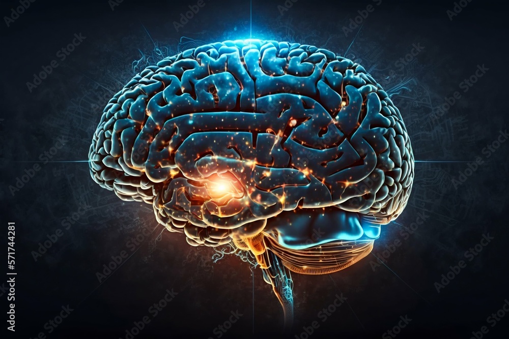 Poster human brain processing glow with technology connection data symbols. generative ai