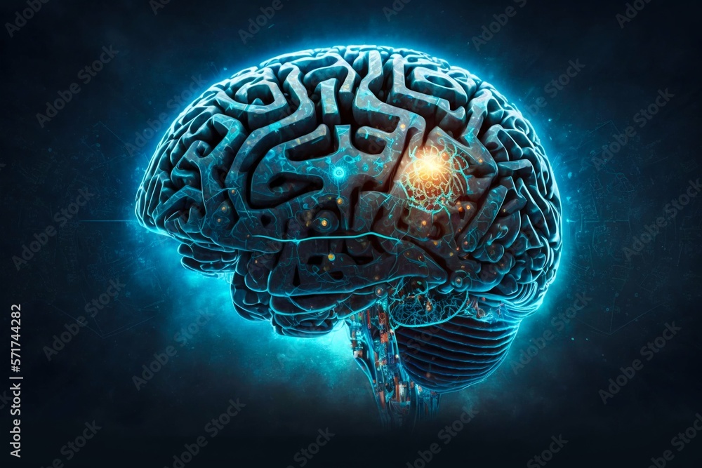 Poster human brain processing glow with technology connection data symbols. generative ai