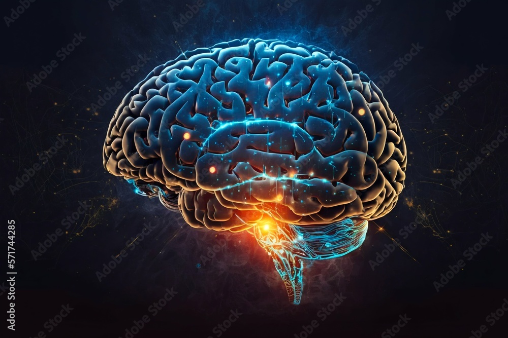 Poster human brain processing glow with technology connection data symbols. generative ai