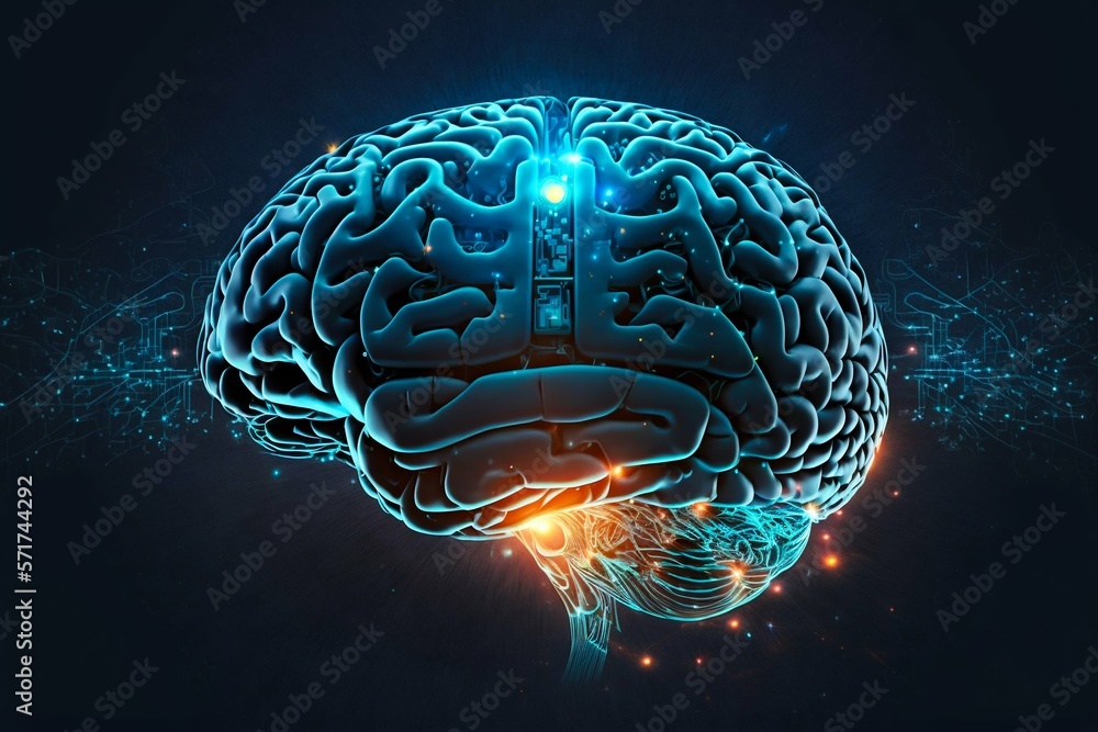 Poster human brain processing glow with technology connection data symbols. generative ai