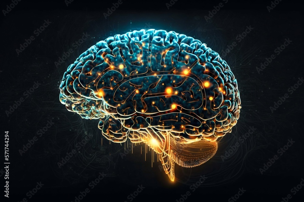 Poster human brain processing glow with technology connection data symbols. generative ai