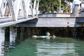 Kids snorkel. Beach fun. Children snorkeling in tropical sea on family summer vacation on exotic island. Child with mask and fins. Travel with family. Little kid learning to dive. Diving holiday.