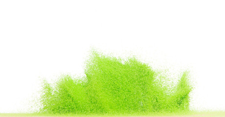 Fototapeta premium Small size green Sand flying explosion, vegetable sands grain wave explode. Abstract cloud fly. Green colored sand splash throwing in Air. White background Isolated high speed shutter, throwing freeze