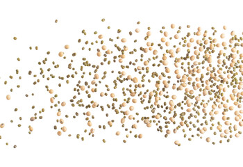 Mix green mung soy beans fall down explosion, several kind bean float explode, abstract cloud fly. Dried soybean green mung mixed beans splash throwing in Air. White background Isolated high speed
