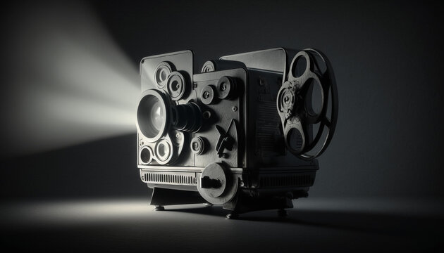 Photorealistic rendering of an old style movie projector. Generative ai.
